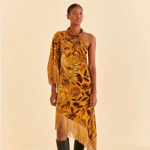 Farm Rio Golden Yellow Velvet One Shoulder Fringe Dress